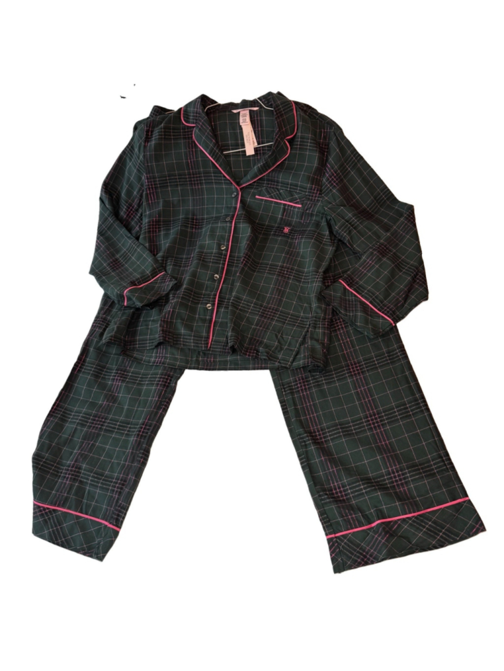 NWT Set Of 2 Victoria's Secret Flannel Pajama Size:S Green/Pink Plaid Collared